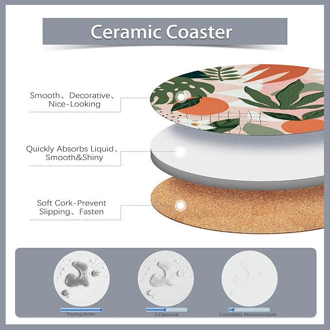 Drink Coasters Set of 6 with Holder, Tropical Palm Leaves Orange Floral - Image 3