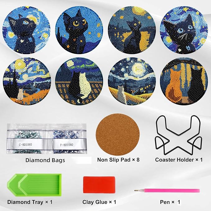 Ekuxom 8 Pcs Cat Diamond Art Coasters Kits - Image 4