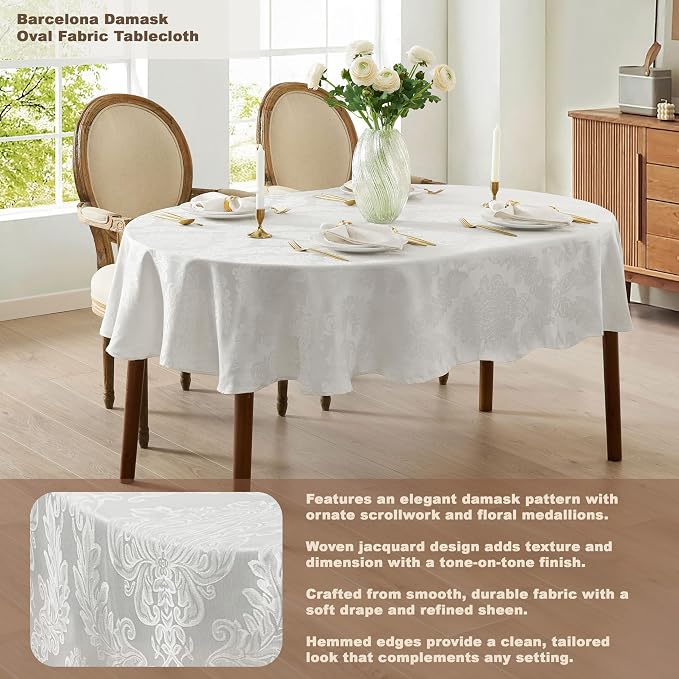 Newbridge Barcelona Luxury Damask Fabric Tablecloth, 60” Wide x 120” Oval - Image 2