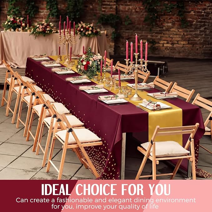 8 Pack Burgundy and Gold Disposable Plastic Tablecloths and Satin Table Runner - Image 7