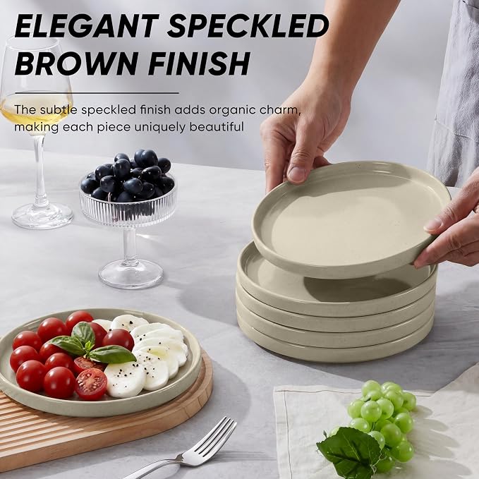 E-far 7.9 Inch Ceramic Dinner Plates, 6-Piece Stoneware Salad Plates, Khaki | - Image 6