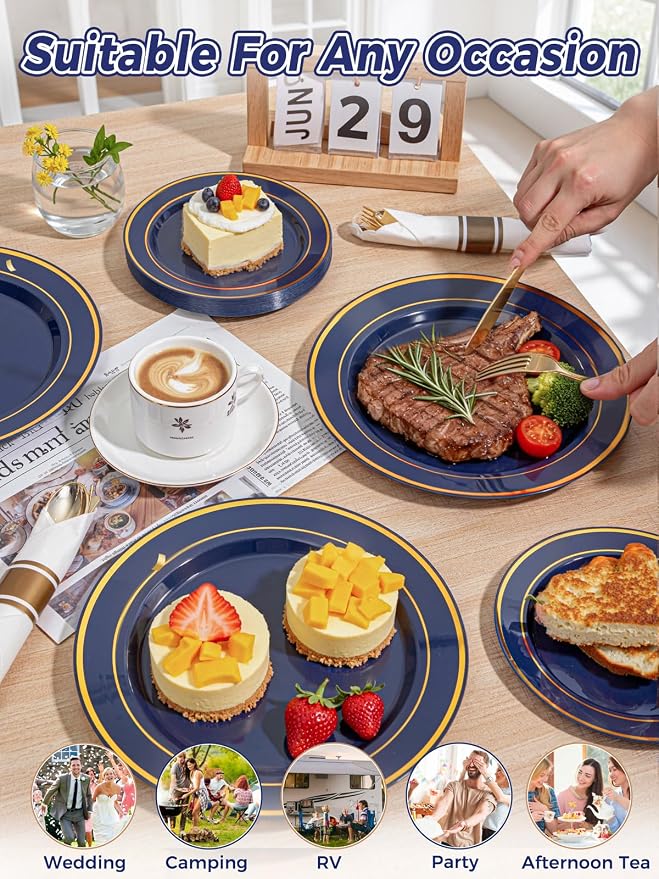 175PCS Blue and Gold Plastic Plates - Image 4