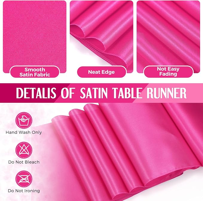 8 Pack White and Hot Pink Disposable Plastic Tablecloths and Satin Table Runner - Image 5