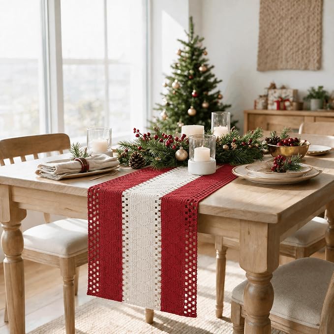 Artoid Mode Rose Red Farmhouse Woven Table Runner 12x72 Inch | Holiday Rustic - Image 4