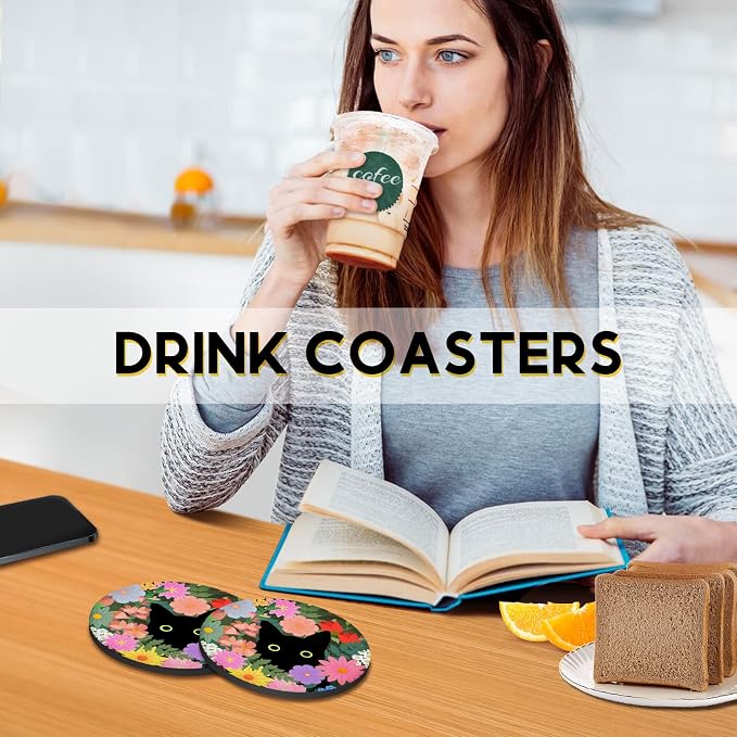 Swooflia Coasters for Drinks Coffee Table, Flower Black Cat Cute Colorful - Image 7