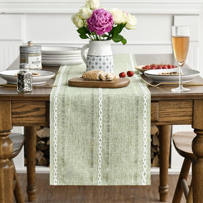 Artoid Mode Sage Green Rustic Cotton Linen Table Runner, Seasonal Embroidered - Image 3