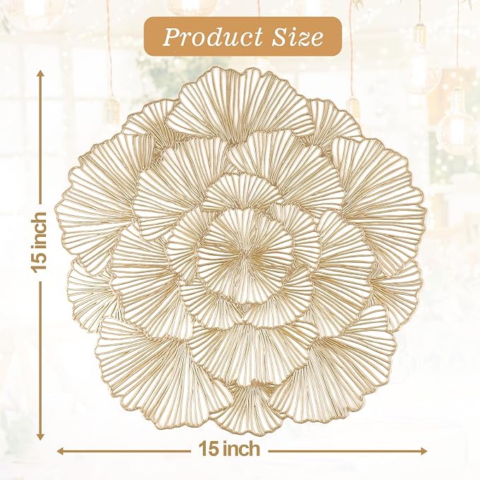 Round Placemats Pressed Vinyl Metallic Flower Place Mats Set of 6 | 15 Inch - Image 7