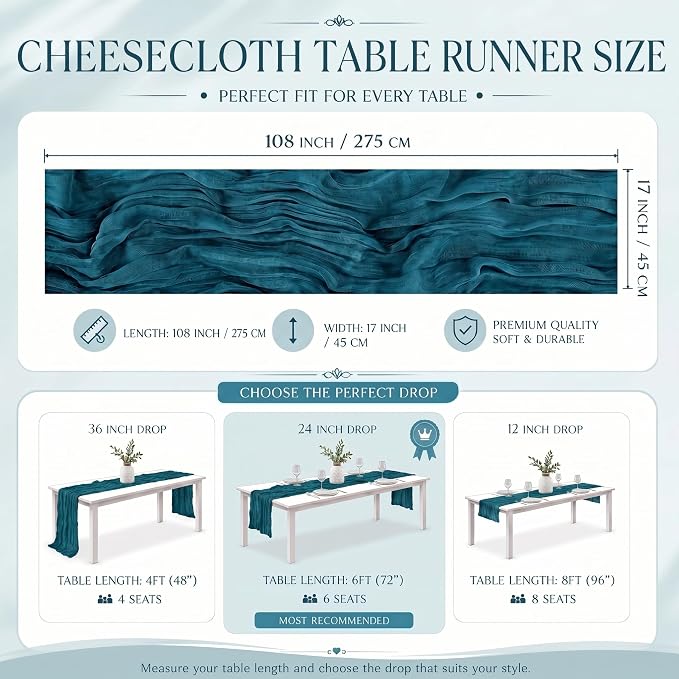 12 Pack Teal Cheesecloth Table Runner 17x108 Inch Boho Rustic Semi Sheer Gauze - Image 3