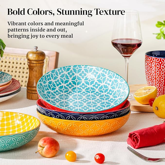 DOWAN 8.5" Vibrant Pasta, Salad & Soup Serving Bowls Set of 4, Embossed Large - Image 3