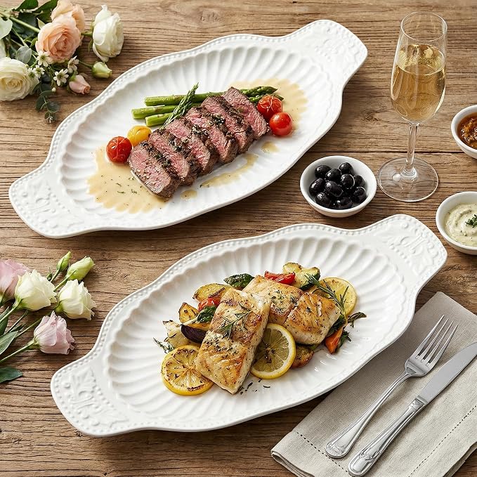 2 Pack Porcelain Oval Serving Platters, 14 Inch Large Embossed White Serving - Image 5