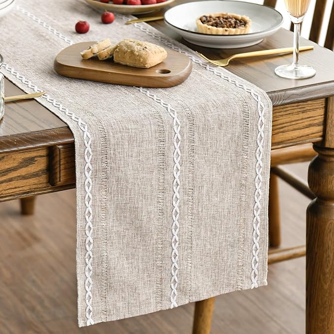 Artoid Mode Brown Rustic Cotton Linen Table Runner, Seasonal Embroidered Hollow by ArtoidMode