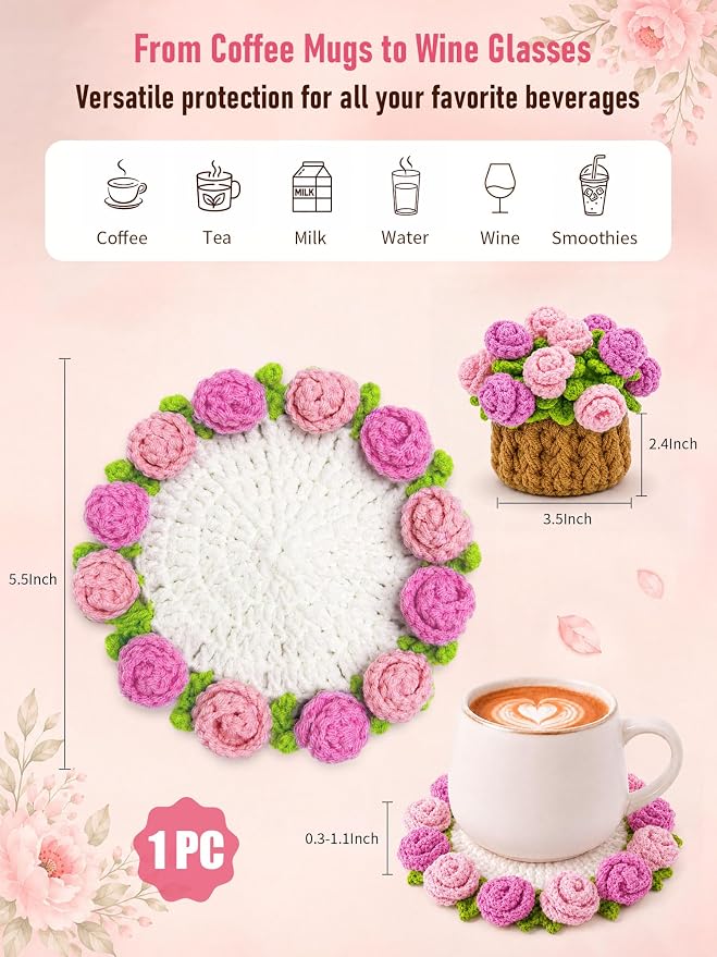 Crochet Flower Bouquet Coasters, Cotton Rose Gifts - Image 2