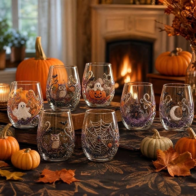 Halloween Printed Glass Cup, Ghost Pumpkin Themed Handleless Drinking Tumbler - Image 6