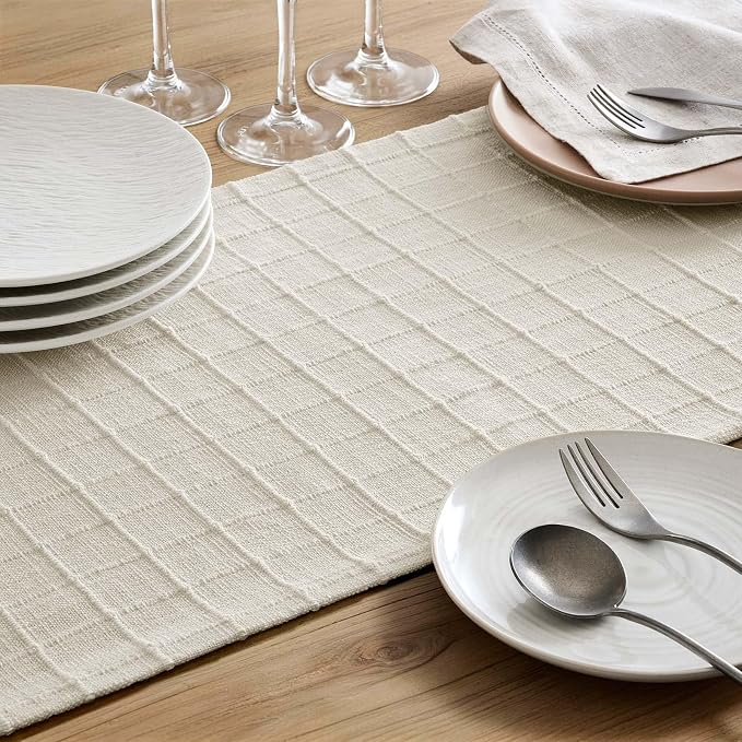 Artisanal Grid Linen Table Runner, 13x36 Inches Ivory | Heavy Textured - Image 6