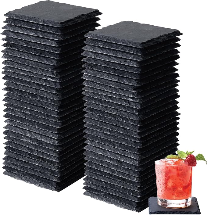 60 PCS Slate Coasters Set, 4 Inch Black Square Stone Coasters Bulk, Laser by Unknown
