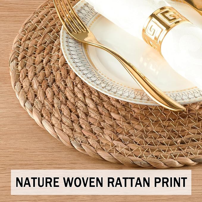 Handmade Heat Resistant 13" Round Woven Placemats Set of 8, Wicker Boho No - Image 4