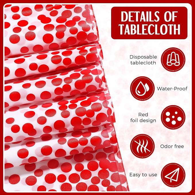 8 Pack White and Red Disposable Plastic Tablecloths and Satin Table Runner Set - Image 3