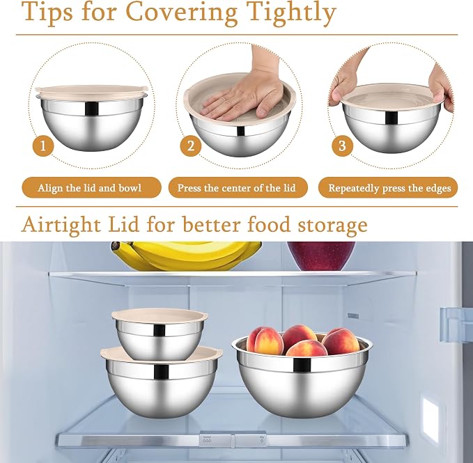 LIANYU Mixing Bowls with Lids Set, 3 Packs Stainless Steel Metal Bowls | Ideal - Image 5