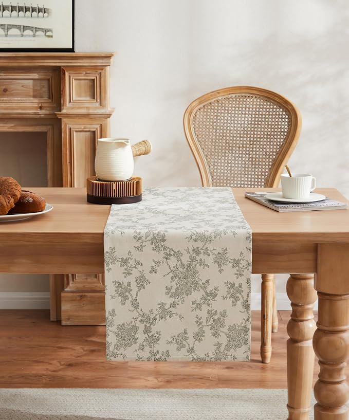French Pastoral Farmhouse Table Runners, 13x60 Inch Green | 100% Organic Cotton - Image 2