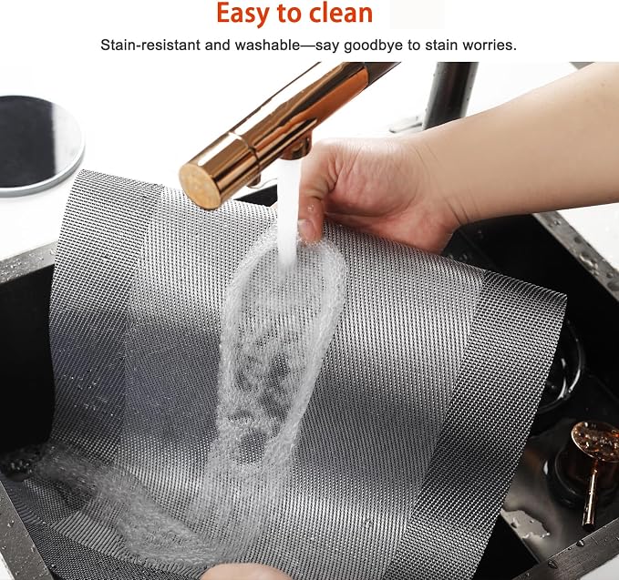 Placemats Set of 6, Vinyl Weave Silver Non Slip Table Mats | Heat Resistant - Image 4