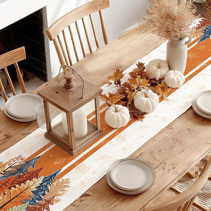 Fall Watercolor Trees & Maple Leaves Striped Table Runner 13x72 Inch, Rustic - Image 8