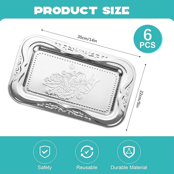 Silver Serving Tray Set of 6, 14 x 9 Inch Silver Platters - Image 6