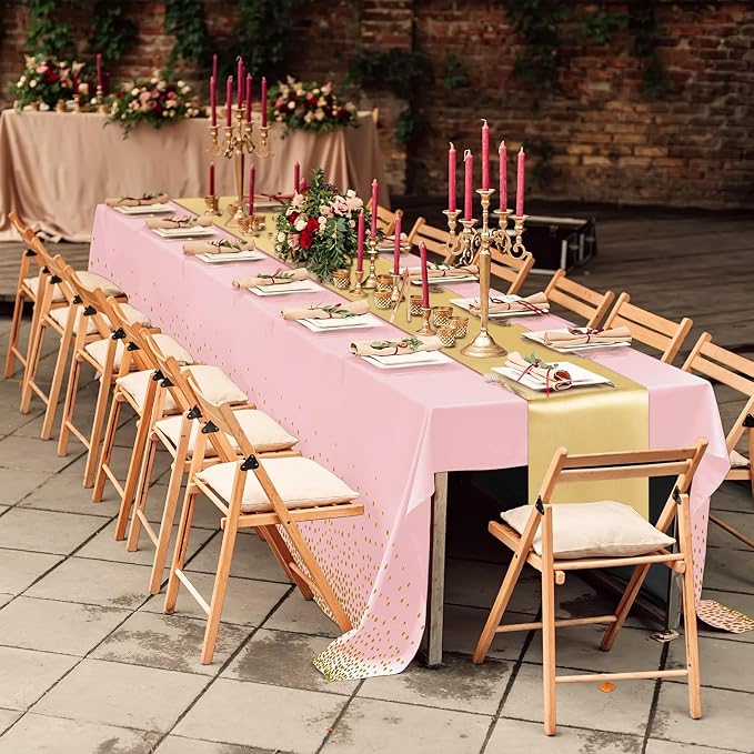 8 Pack Pink and Gold Disposable Plastic Tablecloths and Satin Table Runner Set - Image 6