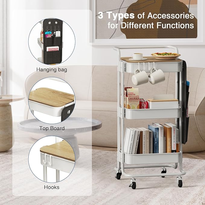 DTK 3-Tier Rolling Cart with Table Top, Metal Utility Cart with Side Bags | - Image 5