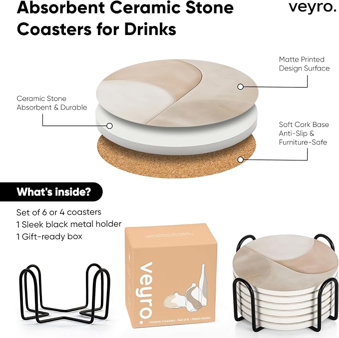 VEYRO Ceramic Coasters Set of 6 – Absorbent Stone Drink Coasters - Image 6