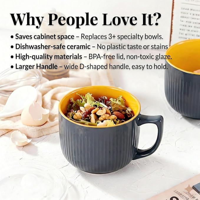 Ceramic Soup Bowl with Handle & Lid, 32oz Microwave Ramen Bowl Set of 2 | Gray - Image 7