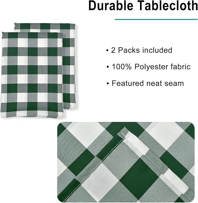Plaid Tablecloth 2 Pack, 54 x 108 inch, Forest Green and White | Waterproof - Image 3