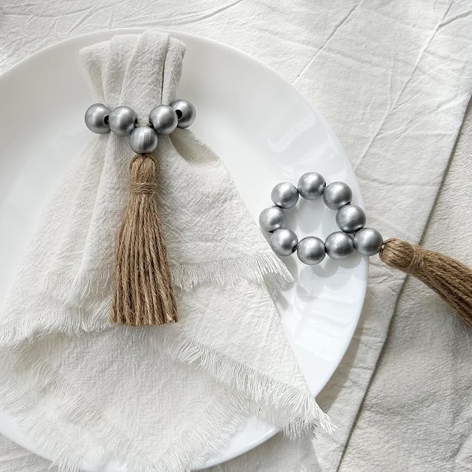 Napkin Rings Set of 12, Wooden Napkin Rings, Wood Bead Elastic Farmhouse Napkin - Image 3