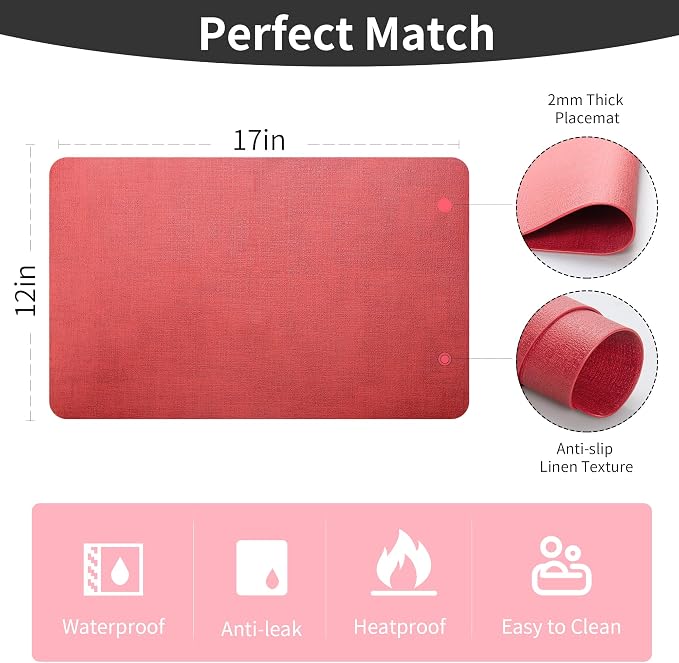 Maxpearl Faux Leather Placemats Set of 4, Retro Red | Waterproof - Image 7