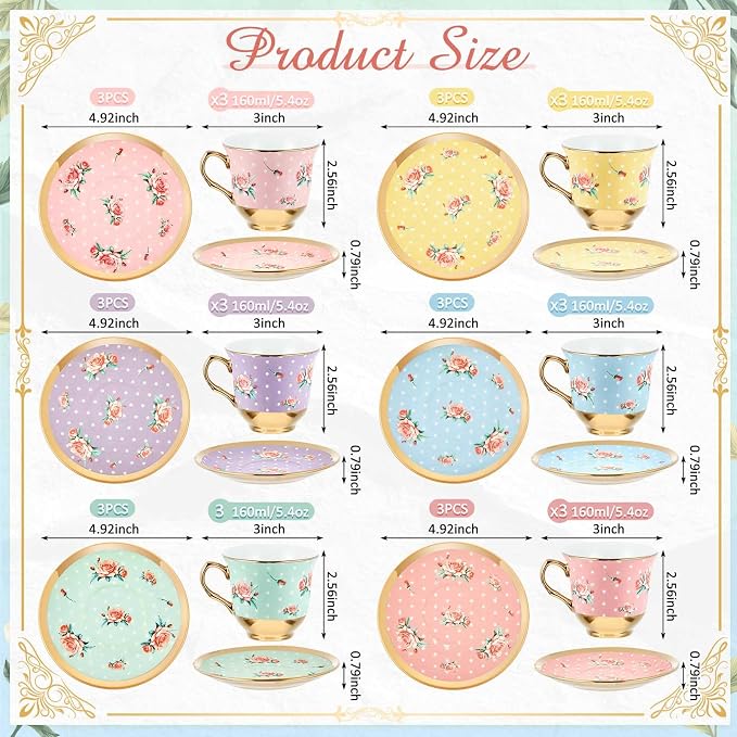 Teenyyou Set of 18 Tea Cups and Saucers Tea Party Decorations Floral Porcelain - Image 2