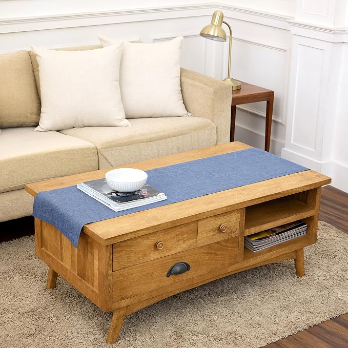 Solino Home 100% Linen Table Runner Blue Denim Woven, Athena 14 x 60 in | Table by SolinoHome