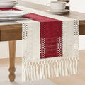 Macrame Style Bicolor Stitching Table Runner 14x72in Red | Woven Boho Table by ZEEMARTONLINE