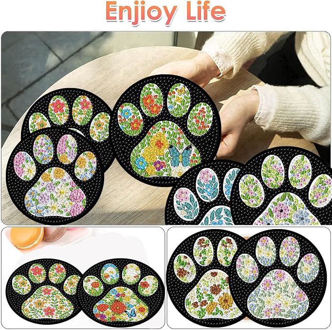 ijbnhd 8 Pcs Flower Diamond Art Coasters Kits 4x4 inch | Dog Paw Diamond - Image 2