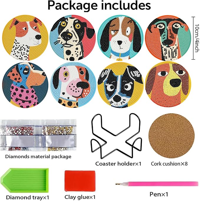 Benjenes 8 PCS Diamond Art Coasters Kits Dog Diamond Painting Coaster | Diamond - Image 2