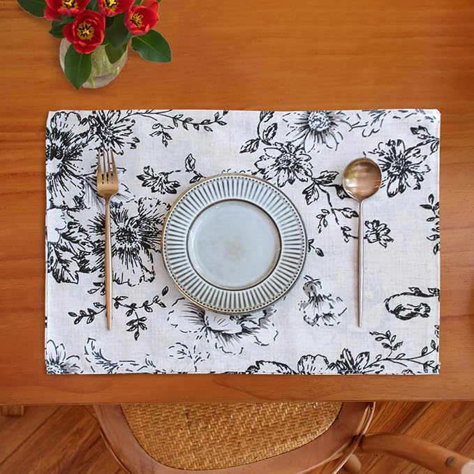 JINCHAN Alice Linen Floral Placemats Set of 4 Farmhouse 13x19 Inch Black | - Image 6