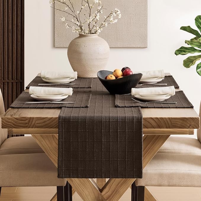 Artisanal Grid Linen Table Runner, 13x48 Inches Chocolate | Heavy Textured - Image 4