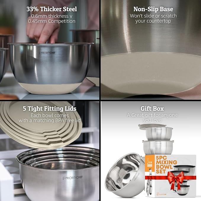 Premium Mixing Bowls With Lids Set, Airtight Lids, Thicker Stainless Steel - Image 2