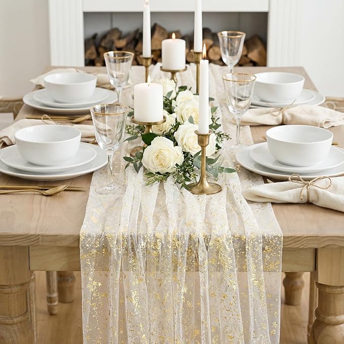 Artoid Mode Beige Gold Gauze Table Runner 59x120 Inch 10FT, Glitter Metallic - Image 3