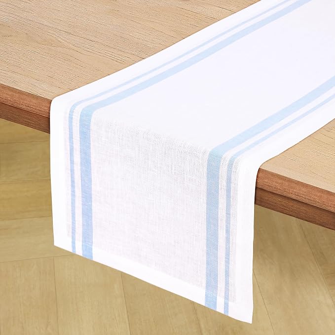 Solino Home 100% Pure Linen Table Runner, 14 x 108 in, French Stripe | Table - Image 2
