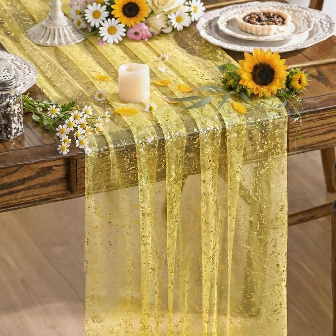 Artoid Mode Light Yellow Gold Gauze Table Runner 120 Inch 10FT, Glitter by ArtoidMode