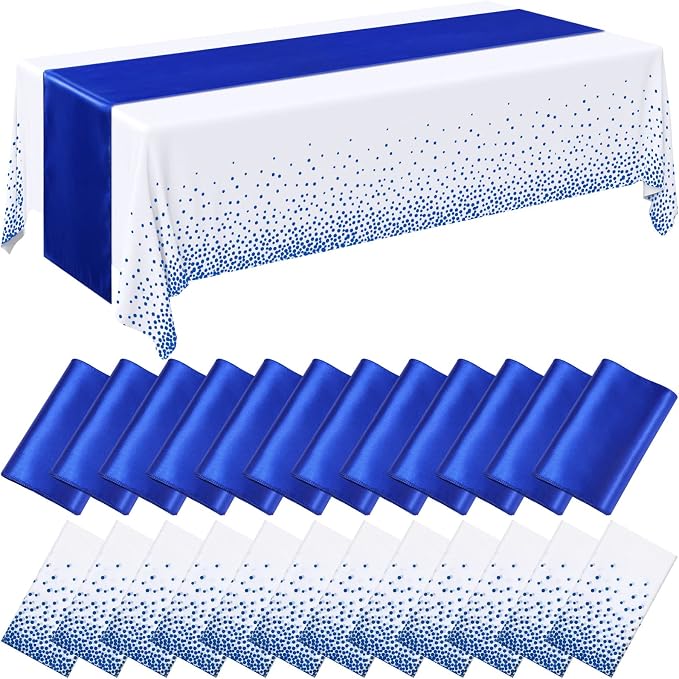 24 Pack Royal Blue Disposable Plastic Tablecloths and Satin Table Runner Set by Breling