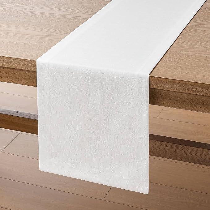 Linen Textured Border Table Runner, 14 x 108 Inch White | Mitered Corner Design - Image 7