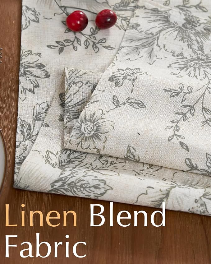 jinchan Grey Floral Linen Table Runner 13 x 90 Inch Farmhouse | Neutral - Image 4
