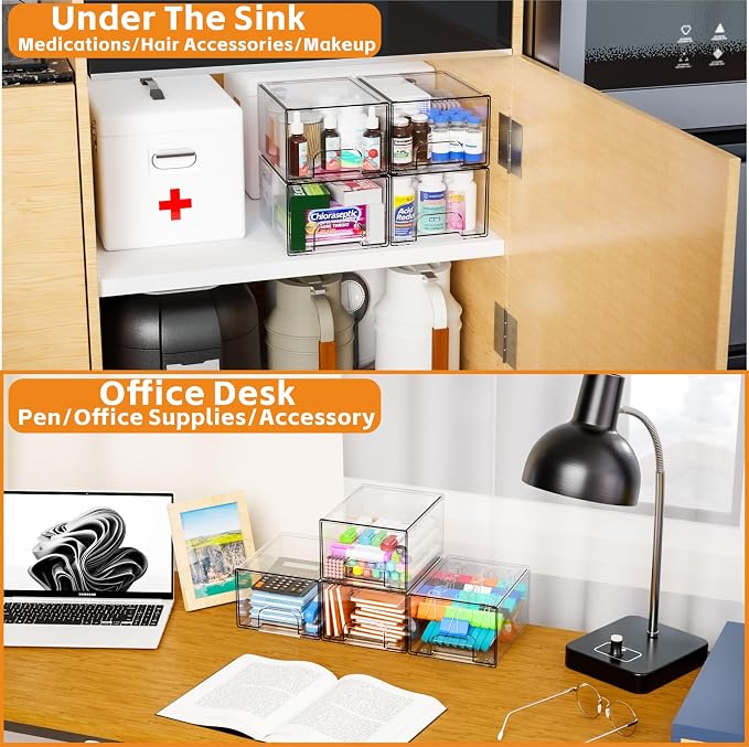 6 Pack Small Stackable Storage Drawers, 4.4 Inch Tall Stacking Acrylic Clear - Image 8