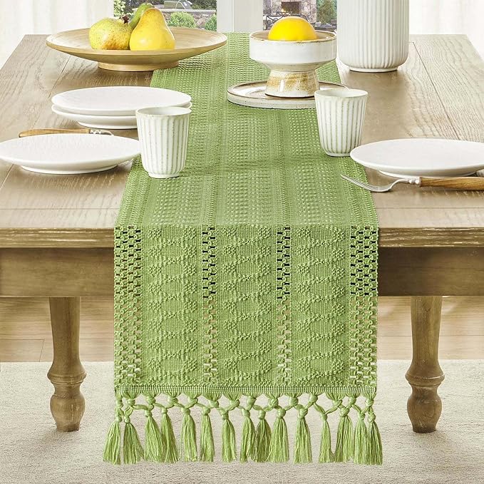 Macrame Style Boho Table Runner, 12x48 Inch Green | Woven Boho Table Runner - Image 2