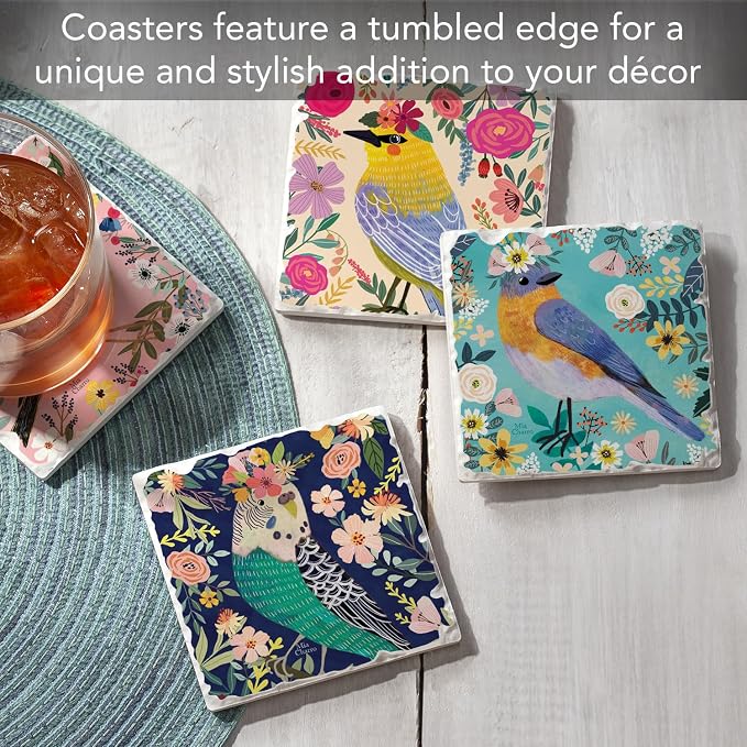 Thirstystone Floral Birds 4 Pack Assorted Tumbled Tile Stone Coasters | 4" - Image 2